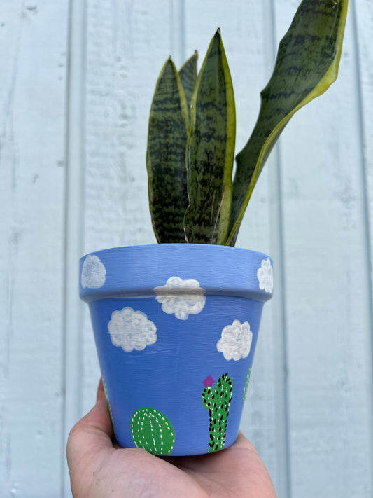 Cactus Clouds Painted Terra Cotta Pot💚